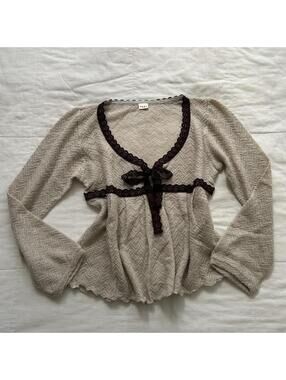 Axes Femme Oatmeal Knit Babydoll Top Brown Lace Bow Mori Kei Himekaji M Japan
